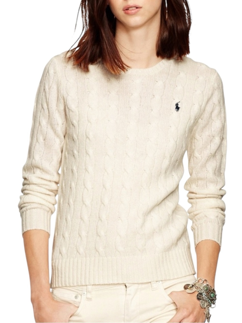 RALPH LAUREN SPORT 100% Cotton Cream Cable-Knit Crewneck Sweater Size Large